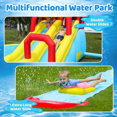 زحليقات مائية قابلة للنفخ 7 في 1 للاطفال والكبار مع منفاخ 750 واط، رذاذ مزدوج ومسبح عميق، جدار التسلق، بخاخ ماء، مسدس ماء للاستخدام الخارجي من ايليمارا in Kuwait