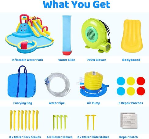 زحليقات مائية قابلة للنفخ 7 في 1 للاطفال والكبار مع منفاخ 750 واط، رذاذ مزدوج ومسبح عميق، جدار التسلق، بخاخ ماء، مسدس ماء للاستخدام الخارجي من ايليمارا in Kuwait