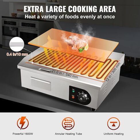 VEVOR Commercial Electric Griddle, 22", 1600W Countertop Flat Top Griddle, Stainless Steel Teppanyaki Grill w/Non Stick Iron Cooking Plate, 122-572℉ Adjustable Temp Control 2 Shovels & Brushes, 110V in Saudi Arabia
