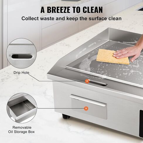 VEVOR Commercial Electric Griddle, 22", 1600W Countertop Flat Top Griddle, Stainless Steel Teppanyaki Grill w/Non Stick Iron Cooking Plate, 122-572℉ Adjustable Temp Control 2 Shovels & Brushes, 110V in Saudi Arabia