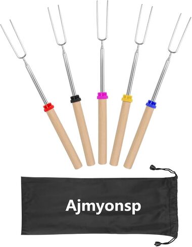 ajmyonsp الخطمي تحميص العصي سمورز عصا لحفرة النار - هوت دوج أسياخ نار المعسكر ماشميلو التخييم 32 بوصة طويلة شوك قابلة للتمديد 5 حزمة in Kuwait