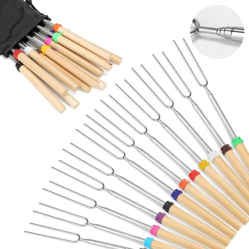 Marshmallow Roasting Sticks Wooden Handle Set of 12 Smores Skewers Telescoping Forks 32 inch with Portable Bag for Hot Dog Campfire Camping Stove BBQ Tools in Saudi Arabia