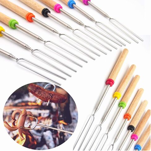 Marshmallow Roasting Sticks Wooden Handle Set of 12 Smores Skewers Telescoping Forks 32 inch with Portable Bag for Hot Dog Campfire Camping Stove BBQ Tools in Saudi Arabia