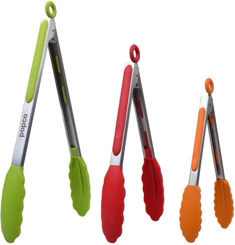 Popco Silicone Tongs for Cooking Grilling (3 food tongs x 7/9/12") Heavy Duty Stainless Steel BBQ Tongs for Grilling, Cooking Tongs, Kitchen Tongs with Silicone Tips, Salad Tongs, Rubber Tongs Buffet in Saudi Arabia