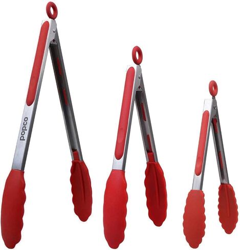 Popco Silicone Tongs for Cooking Grilling (3 food tongs x 7/9/12") Heavy Duty Stainless Steel BBQ Tongs for Grilling, Cooking Tongs, Kitchen Tongs with Silicone Tips, Salad Tongs, Rubber Tongs Buffet in Saudi Arabia