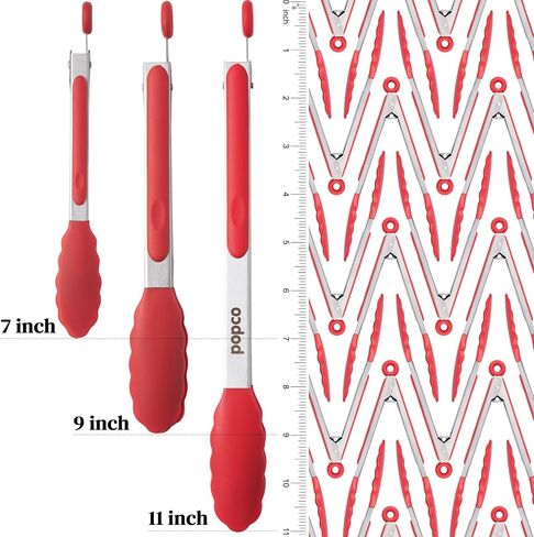 Popco Silicone Tongs for Cooking Grilling (3 food tongs x 7/9/12") Heavy Duty Stainless Steel BBQ Tongs for Grilling, Cooking Tongs, Kitchen Tongs with Silicone Tips, Salad Tongs, Rubber Tongs Buffet in Saudi Arabia