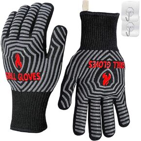 BBQ Gloves, Oven Gloves 1472℉ Extreme Heat Resistant, Grilling Gloves Silicone Non-Slip Oven Mitts, Kitchen Gloves for BBQ, Grilling, Cooking, Baking-1 Pair… (Black, One Size Fits Most)