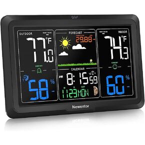 Newentor Weather Station Wireless Indoor Outdoor, Indoor Outdoor Thermometer Wireless, 7.5" Home Weather Stations with Atomic Clock, Temperature Humidity Gauge, Weather Forecast and Barometer, Black