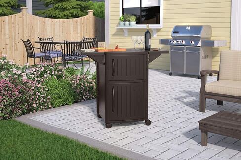 Suncast DCP2000 Portable Outdoor Patio Backyard Grilling Entertainment Serving Prep Station Table with Cabinet Storage and Drop Leaf Extensions, Beige in Saudi Arabia