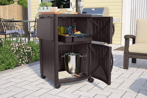 Suncast DCP2000 Portable Outdoor Patio Backyard Grilling Entertainment Serving Prep Station Table with Cabinet Storage and Drop Leaf Extensions, Beige in Saudi Arabia