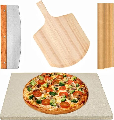 4 PCS Rectangle Pizza Stone Set, 15" Large Pizza Stone for Oven and Grill with Pizza Peel(OAK), Pizza Cutter & 10pcs Cooking Paper for Free, Baking Stone for Pizza, Bread in Kuwait