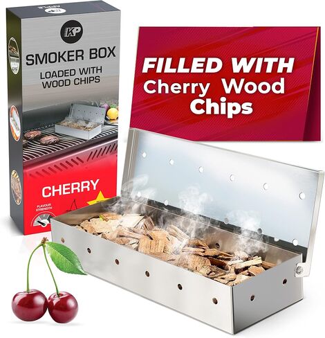 KITCHEN PERFECTION Smoker Box Filled with Apple Wood Chips -Top Grill Smoker Box,Adds Delicious Smokey Flavor on Gas Grill/Charcoal Grills, Stainless Steel BBQ Grill Accessories Grill Master Gift in Saudi Arabia