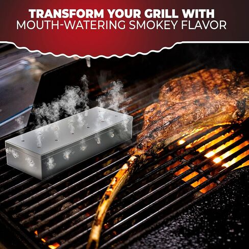 KITCHEN PERFECTION Smoker Box Filled with Apple Wood Chips -Top Grill Smoker Box,Adds Delicious Smokey Flavor on Gas Grill/Charcoal Grills, Stainless Steel BBQ Grill Accessories Grill Master Gift in Saudi Arabia
