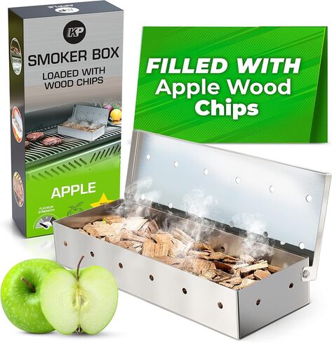 KITCHEN PERFECTION Smoker Box Filled with Apple Wood Chips -Top Grill Smoker Box,Adds Delicious Smokey Flavor on Gas Grill/Charcoal Grills, Stainless Steel BBQ Grill Accessories Grill Master Gift in Saudi Arabia