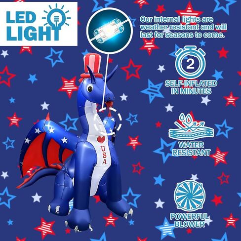 BLOWOUT FUN 6 FT Independence Day Inflatable Dragon with America Style Decorations Patriotic 4th of July for Home Yard Lawn Garden Indoor Outdoor Memorial Day Decorat in Saudi Arabia