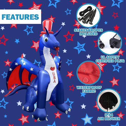 BLOWOUT FUN 6 FT Independence Day Inflatable Dragon with America Style Decorations Patriotic 4th of July for Home Yard Lawn Garden Indoor Outdoor Memorial Day Decorat in Saudi Arabia