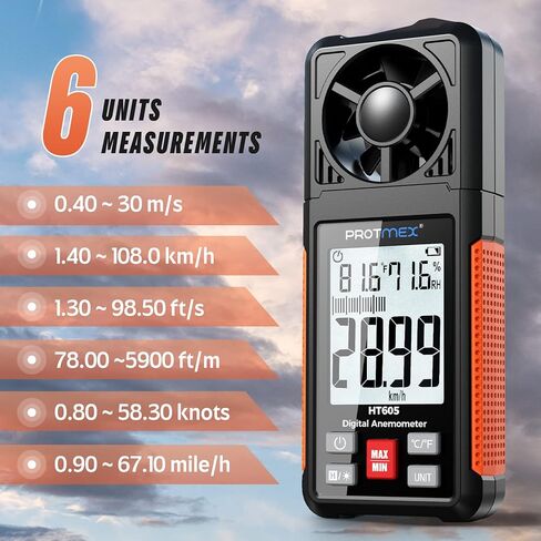 مقياس سرعة الرياح Protmex، 6 وحدات لسرعة الرياح، مقياس شدة الريح مع شاشة LCD كبيرة، قياس الرطوبة في درجة حرارة الرياح، الحد الأقصى/الدقيقة/AVG، الاحتفاظ بالبيانات، درجة مئوية/درجة فهرنهايت، إضاءة خلفية، وظائف الإيقاف التلقائي، مقياس CFM in Kuwait