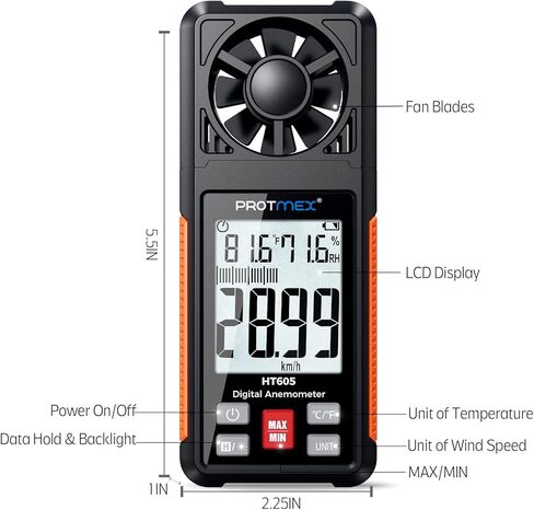 مقياس سرعة الرياح Protmex، 6 وحدات لسرعة الرياح، مقياس شدة الريح مع شاشة LCD كبيرة، قياس الرطوبة في درجة حرارة الرياح، الحد الأقصى/الدقيقة/AVG، الاحتفاظ بالبيانات، درجة مئوية/درجة فهرنهايت، إضاءة خلفية، وظائف الإيقاف التلقائي، مقياس CFM in Kuwait