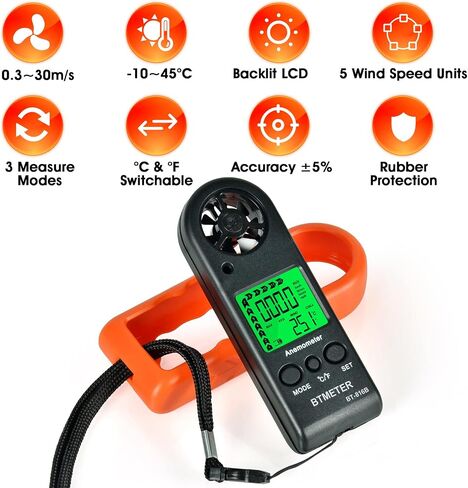 BTMETER BT-816B Handheld Anemometer, Compact Digital Wind Speed Meter Gauge for Air Velocity, Wind Temperature Test with LCD Backlight, Max/Average, Wind Chill in Saudi Arabia