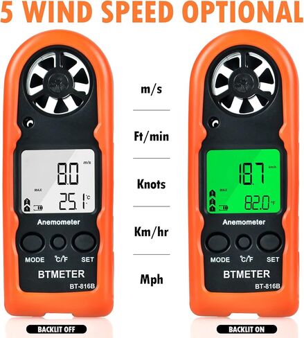 BTMETER BT-816B Handheld Anemometer, Compact Digital Wind Speed Meter Gauge for Air Velocity, Wind Temperature Test with LCD Backlight, Max/Average, Wind Chill in Saudi Arabia