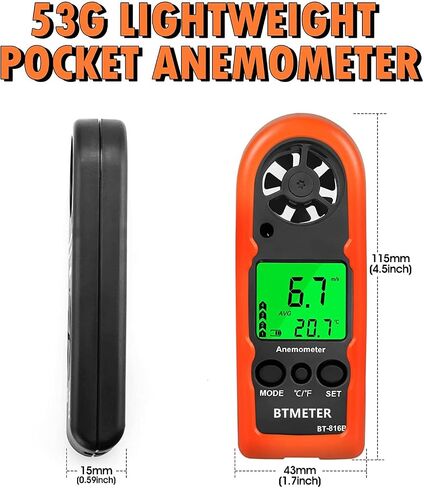 BTMETER BT-816B Handheld Anemometer, Compact Digital Wind Speed Meter Gauge for Air Velocity, Wind Temperature Test with LCD Backlight, Max/Average, Wind Chill in Saudi Arabia