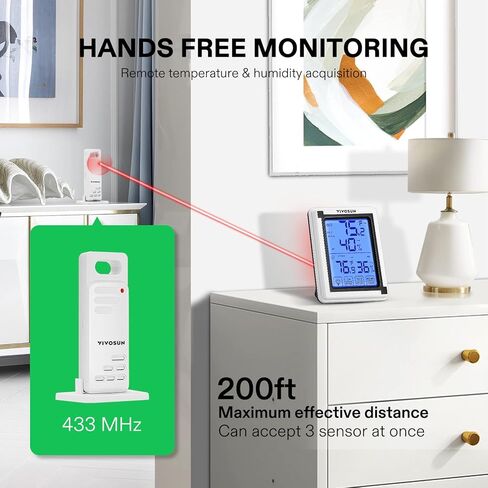 ميزان حرارة رقمي لاسلكي للاستخدام الداخلي والخارجي من فيفوسن مع إضاءة خلفية LCD تعمل باللمس، نطاق 200 قدم/60 متر، متضمن بطارية in Saudi Arabia