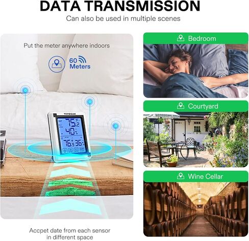 ميزان حرارة رقمي لاسلكي للاستخدام الداخلي والخارجي من فيفوسن مع إضاءة خلفية LCD تعمل باللمس، نطاق 200 قدم/60 متر، متضمن بطارية in Saudi Arabia