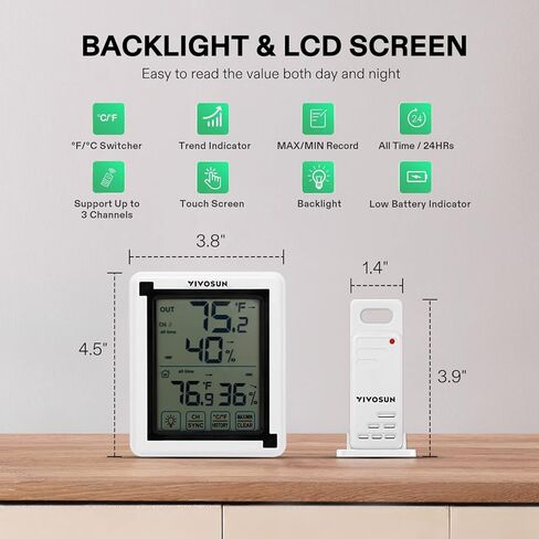 ميزان حرارة رقمي لاسلكي للاستخدام الداخلي والخارجي من فيفوسن مع إضاءة خلفية LCD تعمل باللمس، نطاق 200 قدم/60 متر، متضمن بطارية in Saudi Arabia