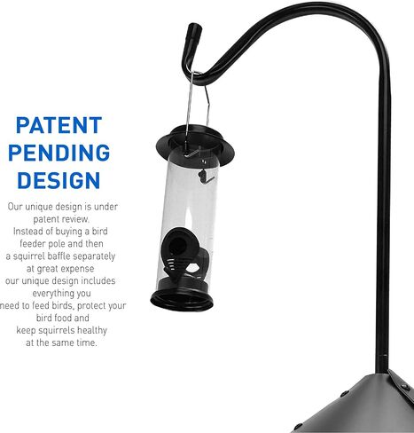 Shepherd Hook Squirrel Proof Bird Feeder – Wild Bird Station - Powder Coated 90in Steel Pole – Squirrel Baffle – 1 Bird Feeder – 1 Squirrel Peanut Feeder - 5 Prong Base – PATENT PENDING in Saudi Arabia
