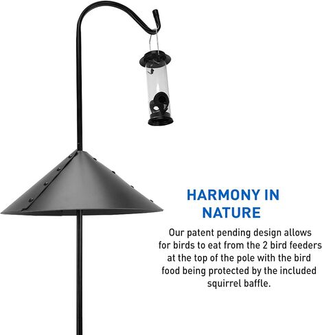 Shepherd Hook Squirrel Proof Bird Feeder – Wild Bird Station - Powder Coated 90in Steel Pole – Squirrel Baffle – 1 Bird Feeder – 1 Squirrel Peanut Feeder - 5 Prong Base – PATENT PENDING in Saudi Arabia