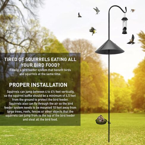 Shepherd Hook Squirrel Proof Bird Feeder – Wild Bird Station - Powder Coated 90in Steel Pole – Squirrel Baffle – 1 Bird Feeder – 1 Squirrel Peanut Feeder - 5 Prong Base – PATENT PENDING in Saudi Arabia