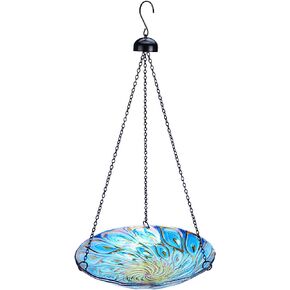 MUMTOP 11 inch Hanging Bird Bath Glass Bird Bath Peacock Outdoor Bird Feeder for Garden Yard Decoration