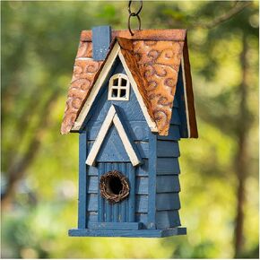 Glitzhome 12" H Retro Blue Distressed Solid Wood Cottage Birdhouse Hanging Bird House for Outdoors in Saudi Arabia