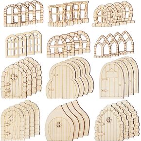 Yulejo 48 Pcs Fairy Door Wooden Garden Doors Craft Mini Window Fairy House DIY Kit Unfinished Miniature Door Unpainted Fairy Window Accessories for Wall Home Party Decoration (Antique Style) in Saudi Arabia