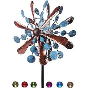 Wind Spinner Outdoor Metal - Multi-Color Seasonal LED Lighting Solar Powered Glass Ball with Kinetic Wind Spinner Dual Direction for Patio Lawn & Garden (Coffee Ribbon Light)