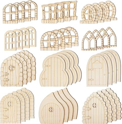 Yulejo 48 Pcs Fairy Door Wooden Garden Doors Craft Mini Window Fairy House DIY Kit Unfinished Miniature Door Unpainted Fairy Window Accessories for Wall Home Party Decoration (Antique Style) in Saudi Arabia