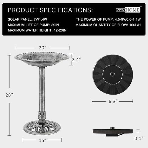 VIVOHOME Polyresin Antique Outdoor Blue Garden Bird Bath and Solar Powered Round Pond Fountain Combo Set in Kuwait