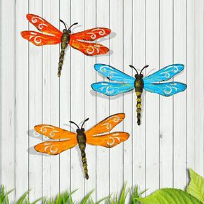 Scwhousi Metal Dragonfly Outdoor Wall Decor,Patio Fenxce Wall Art,Hanging Decorations for Living Room,Bedroom,3 Pack