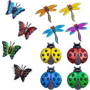 foxany Metal Butterfly Wall Decor, 4 Butterflies and 4 Dragonfly, 4 Ladybugs Wall Decor Sculpture, Hanging Outdoor Garden Fence Art for Patio, Backyard, Home, Farmhouse, Set of 12