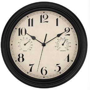 Foxtop Indoor Outdoor Waterproof Wall Clock with Thermometer and Hygrometer Combo, 12 inch Retro Silent Non-Ticking Battery Operated Quality Quartz Round Clock for Patio Home Decor (Black)