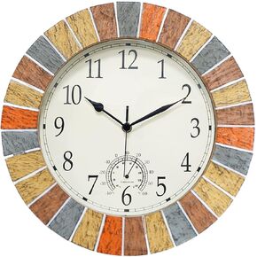 ساعة UMEXUS الداخلية والخارجية ومقياس الحرارة، ساعات حائط كبيرة مقاومة للماء مقاس 13 بوصة، ساعة مقاومة للطقس تعمل بالبطارية الصامتة الرجعية للفناء وحمام السباحة ولاناي والسياج والشرفة والحديقة (بني) in Kuwait