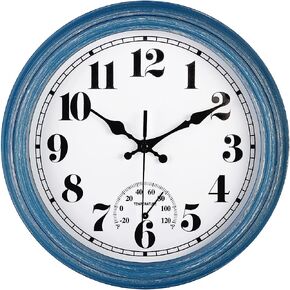 jenlystime 12 بوصة داخلي / خارجي ساعة حائط مقاومة للماء مع ميزان حرارة صامت مستدير بطارية كوارتز تعمل سهلة القراءة ديكور لفناء المطبخ والحمام والسطح والشرفة والمسبح (أزرق) in Kuwait