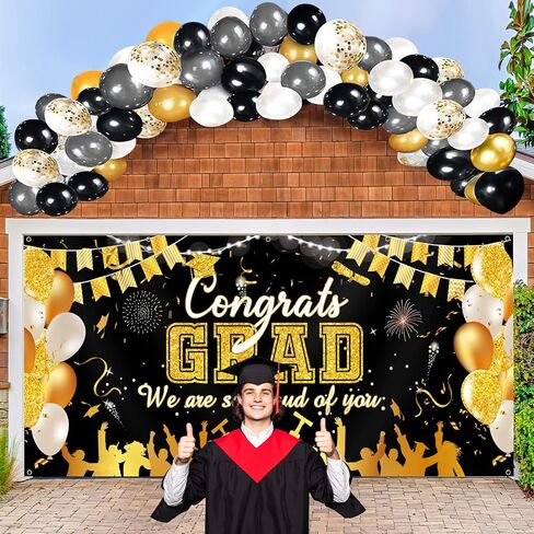 2024 Graduation Garage Door Banner Decorations 6 x 13 ft Large Graduation Congrats Grad Backdrop Garage Door Cover Decor Outdoor Indoor Wall Photo Congratulations Background Hanging Sign(Blue Gold) in Saudi Arabia