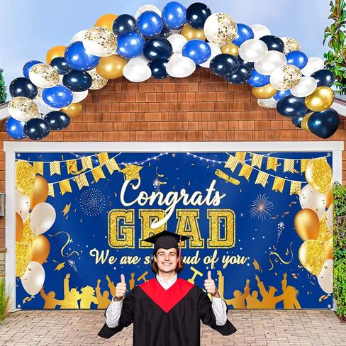 2024 Graduation Garage Door Banner Decorations 6 x 13 ft Large Graduation Congrats Grad Backdrop Garage Door Cover Decor Outdoor Indoor Wall Photo Congratulations Background Hanging Sign(Blue Gold) in Saudi Arabia