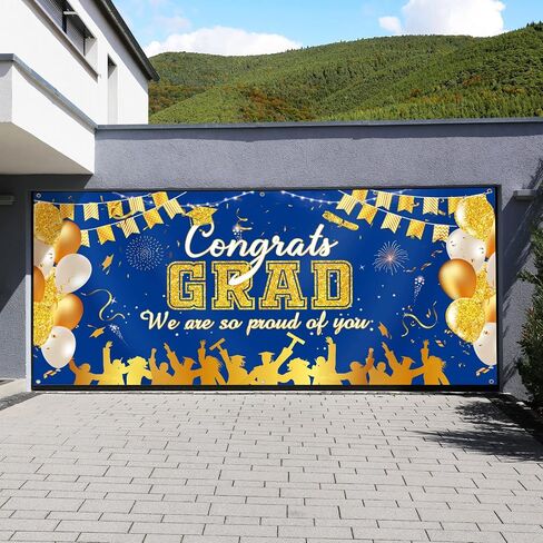 2024 Graduation Garage Door Banner Decorations 6 x 13 ft Large Graduation Congrats Grad Backdrop Garage Door Cover Decor Outdoor Indoor Wall Photo Congratulations Background Hanging Sign(Blue Gold) in Saudi Arabia