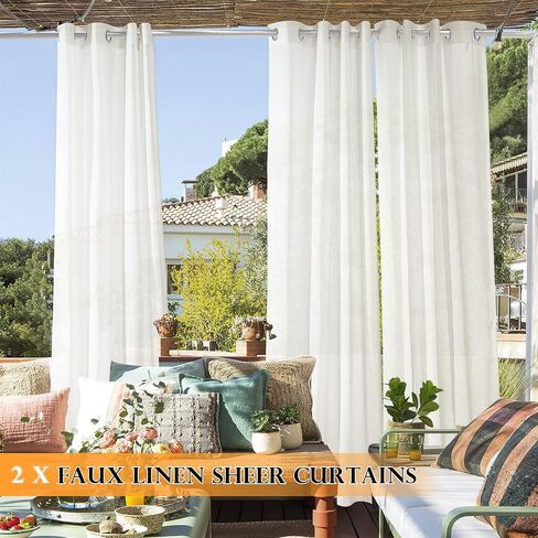 RYB HOME 2 Panels Outdoor Sheer Curtains for Patio Waterproof - Natural Linen Privacy Added Light Filtering Drapes with Tie Ropes for Gazabo Porch Pergoa Balcony, 52 X 84 Inches, Beige in Kuwait