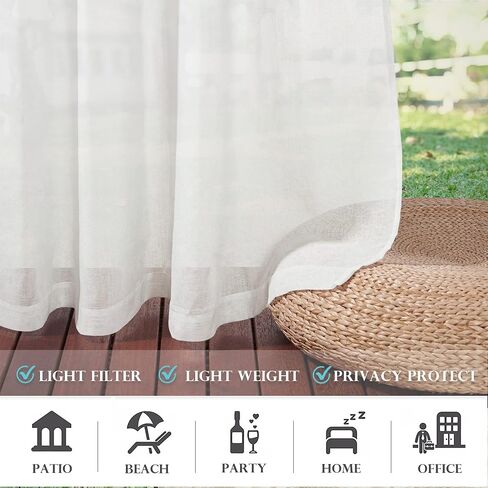 RYB HOME 2 Panels Outdoor Sheer Curtains for Patio Waterproof - Natural Linen Privacy Added Light Filtering Drapes with Tie Ropes for Gazabo Porch Pergoa Balcony, 52 X 84 Inches, Beige in Kuwait