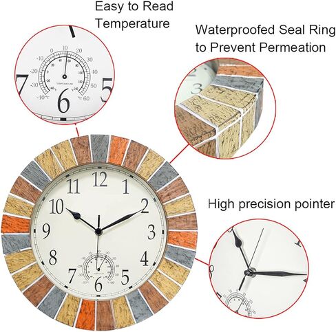 ساعة UMEXUS الداخلية والخارجية ومقياس الحرارة، ساعات حائط كبيرة مقاومة للماء مقاس 13 بوصة، ساعة مقاومة للطقس تعمل بالبطارية الصامتة الرجعية للفناء وحمام السباحة ولاناي والسياج والشرفة والحديقة (بني) in Kuwait