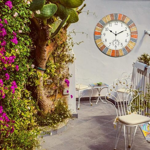 ساعة UMEXUS الداخلية والخارجية ومقياس الحرارة، ساعات حائط كبيرة مقاومة للماء مقاس 13 بوصة، ساعة مقاومة للطقس تعمل بالبطارية الصامتة الرجعية للفناء وحمام السباحة ولاناي والسياج والشرفة والحديقة (بني) in Kuwait