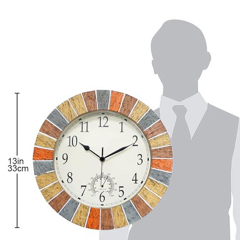 ساعة UMEXUS الداخلية والخارجية ومقياس الحرارة، ساعات حائط كبيرة مقاومة للماء مقاس 13 بوصة، ساعة مقاومة للطقس تعمل بالبطارية الصامتة الرجعية للفناء وحمام السباحة ولاناي والسياج والشرفة والحديقة (بني) in Kuwait